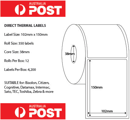 Australia Post & EParcel Direct Thermal Freight Labels - 102x150mm (4'x6') ORDER ANY QUANTITY - $12.50 per roll