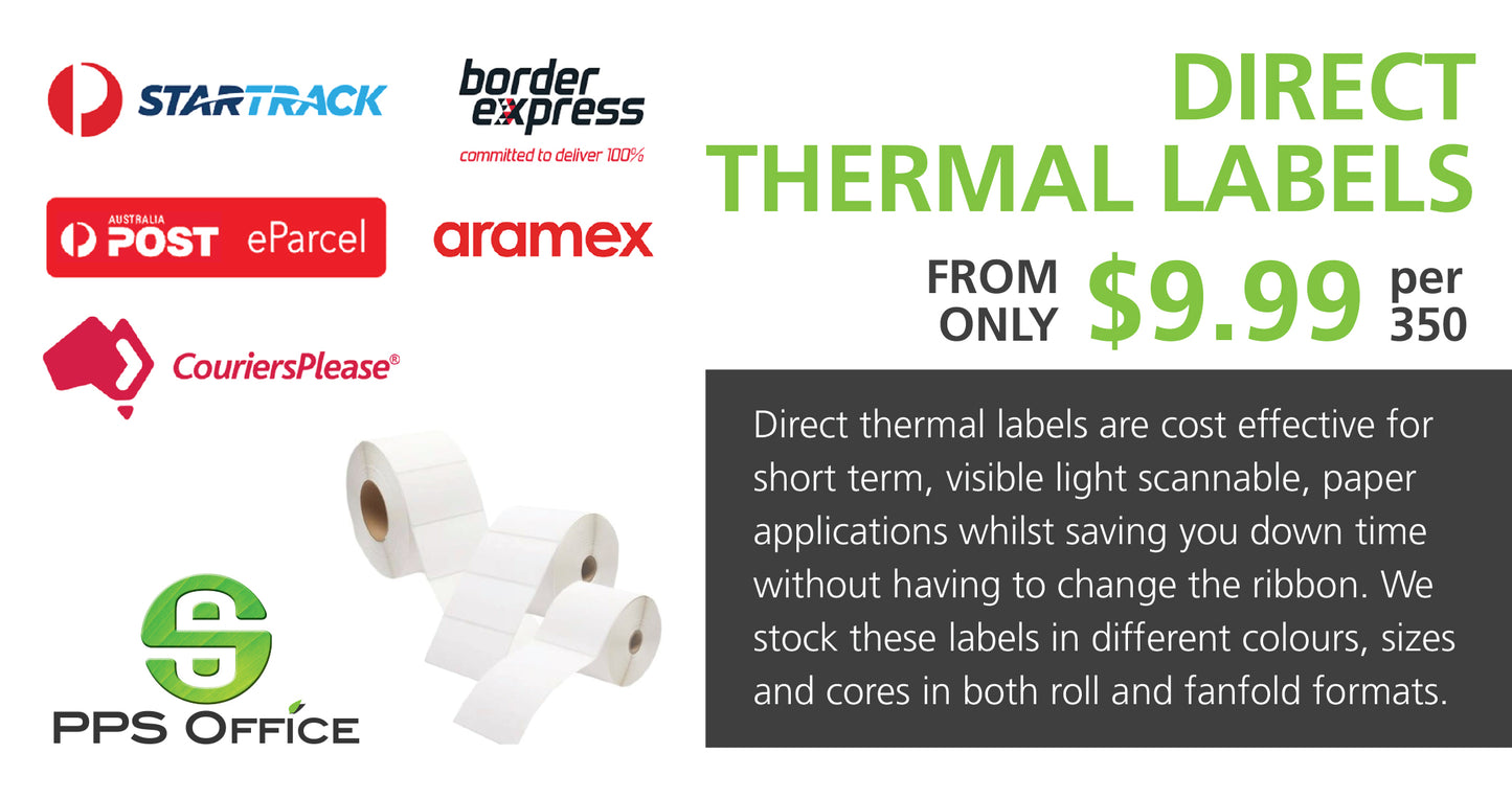 102mm X 150mm (4'x6') WHITE Direct Thermal, 350 labels per roll, 38mm core, 4,200 labels per box - from $10.45/roll
