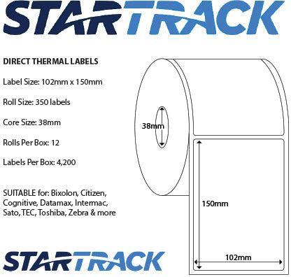 Star Track Direct Thermal Freight Labels - 102x150mm (4'x6') ORDER ANY QUANTITY -  $10.45 per roll