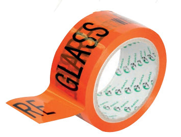 Tuffex "GLASS WITH CARE" Printed Tape - Orange - 48mm x 66m x 46um - Select you pack size - From $2.99/roll
