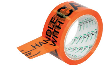 Tuffex "HANDLE WITH CARE" Printed Tape - Orange - 48mm x 66m x 46um - Select you pack size - From $2.99/roll