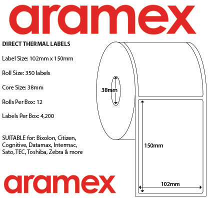 ARAMEX Direct Thermal Freight Labels - 102x150mm (4'x6') 12 Rolls per Box - from $9.99 per roll