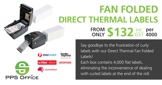PREMIUM COURIER LABELS - FAN FOLDED 102mm X 150mm (4'x6') Thermal Direct - 4,000 Continuous - Flat Packed - $132 per box