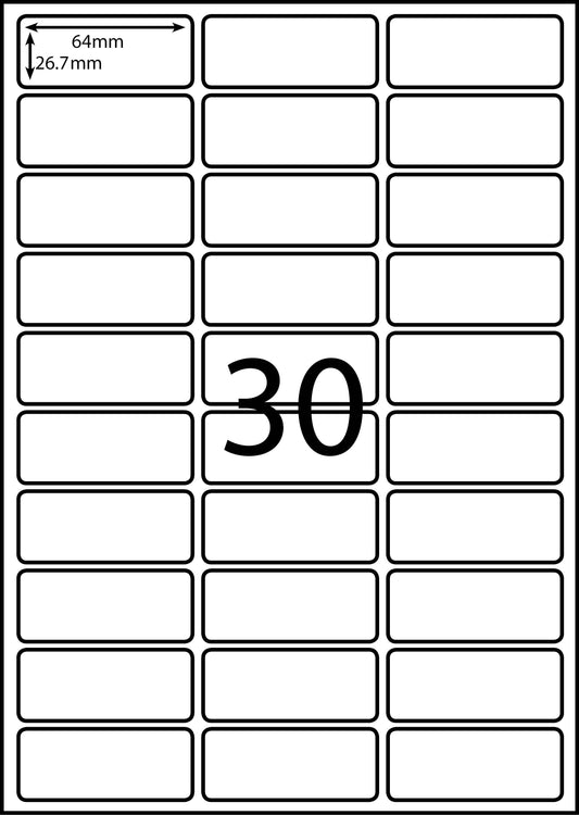 A4 Laser Label -30up - 64x26.7mm - 100 per pack (Avery Code: L7158)